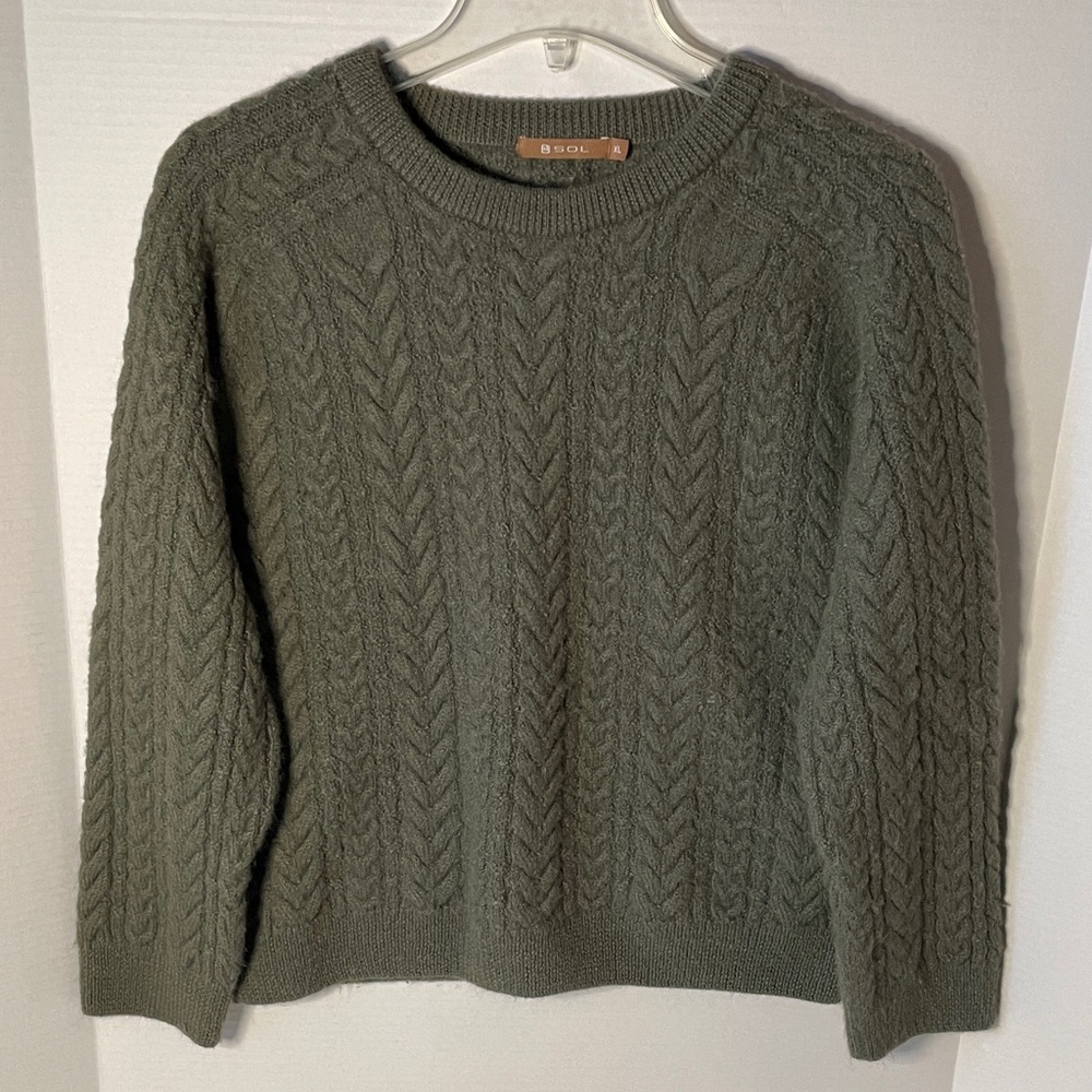 Sol Women's  Size XL Olive Sweater Alpaca Baby Wool Cable  Cropped Boxy